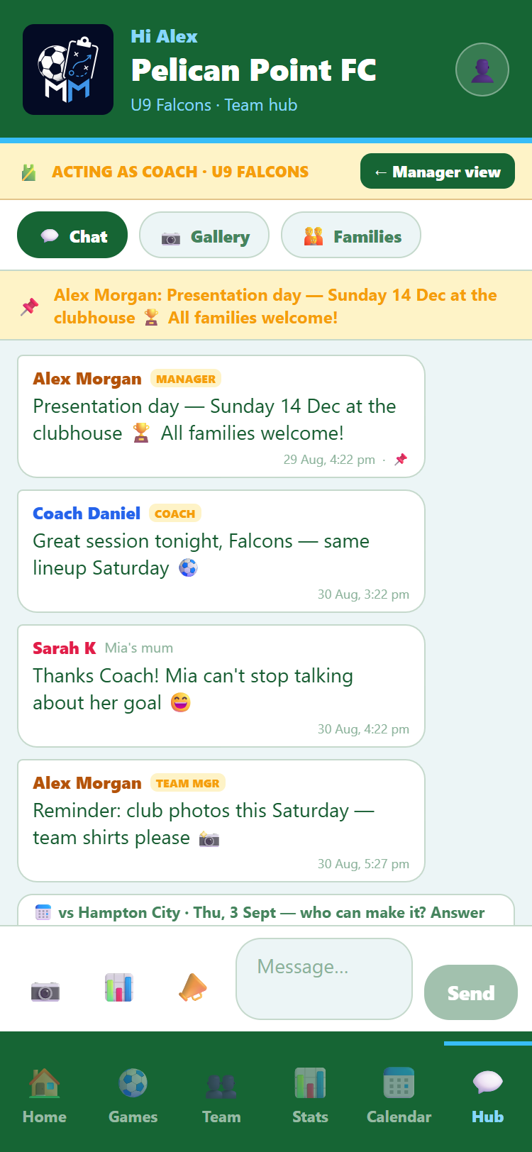Team hub chat with cards