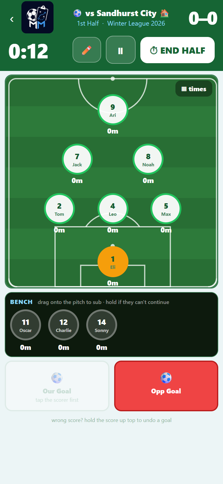 The live match screen: lineup on the field, the clock, subs and goals